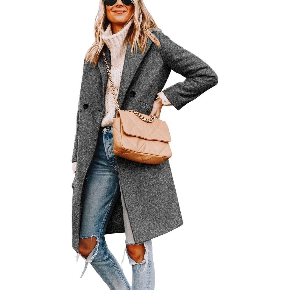 🆕Women's Dark grey Winter Wool Coat Casual Notch Lapel Single-Breasted Peacoat